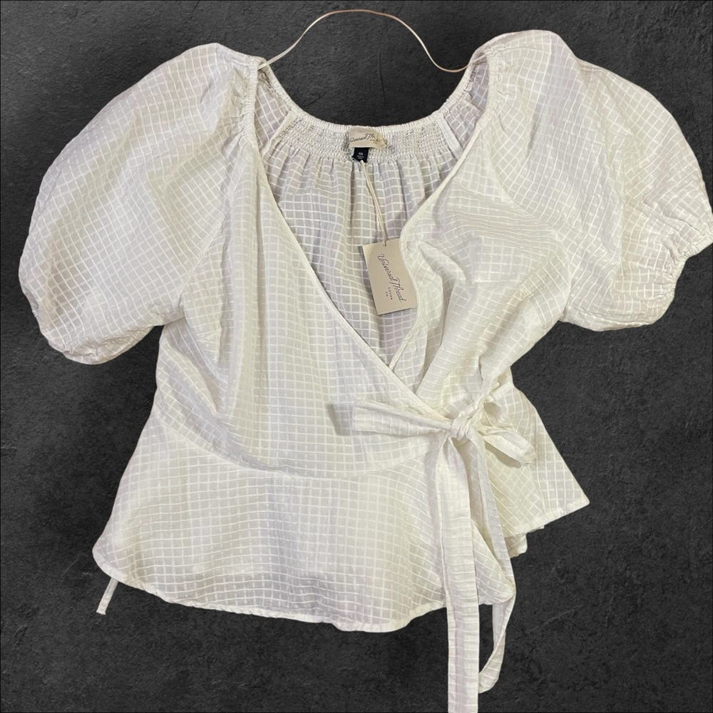 Puff Sleeve Wrap Bow Tie Textured White Blouse XXL - Picture 5 of 8